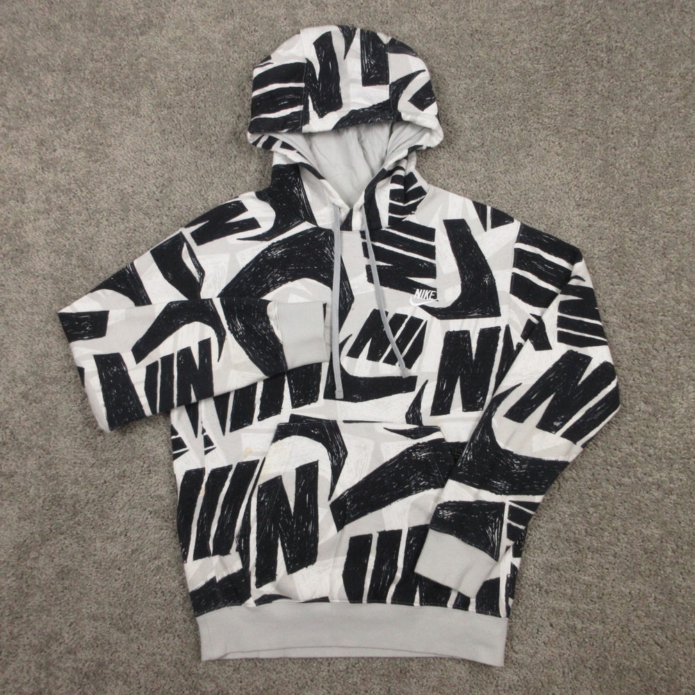 Nike Sweater Mens XS Gray Graphic AOP Sportswear Club Fleece Hoodie Sweatshirt